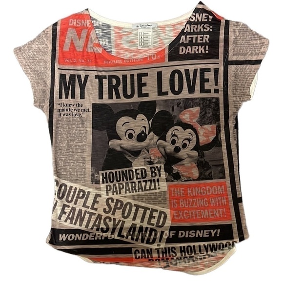 DISNEY Parks My True Love Mickey and Minnie Newspaper Print Shirt Women's - Picture 2 of 9